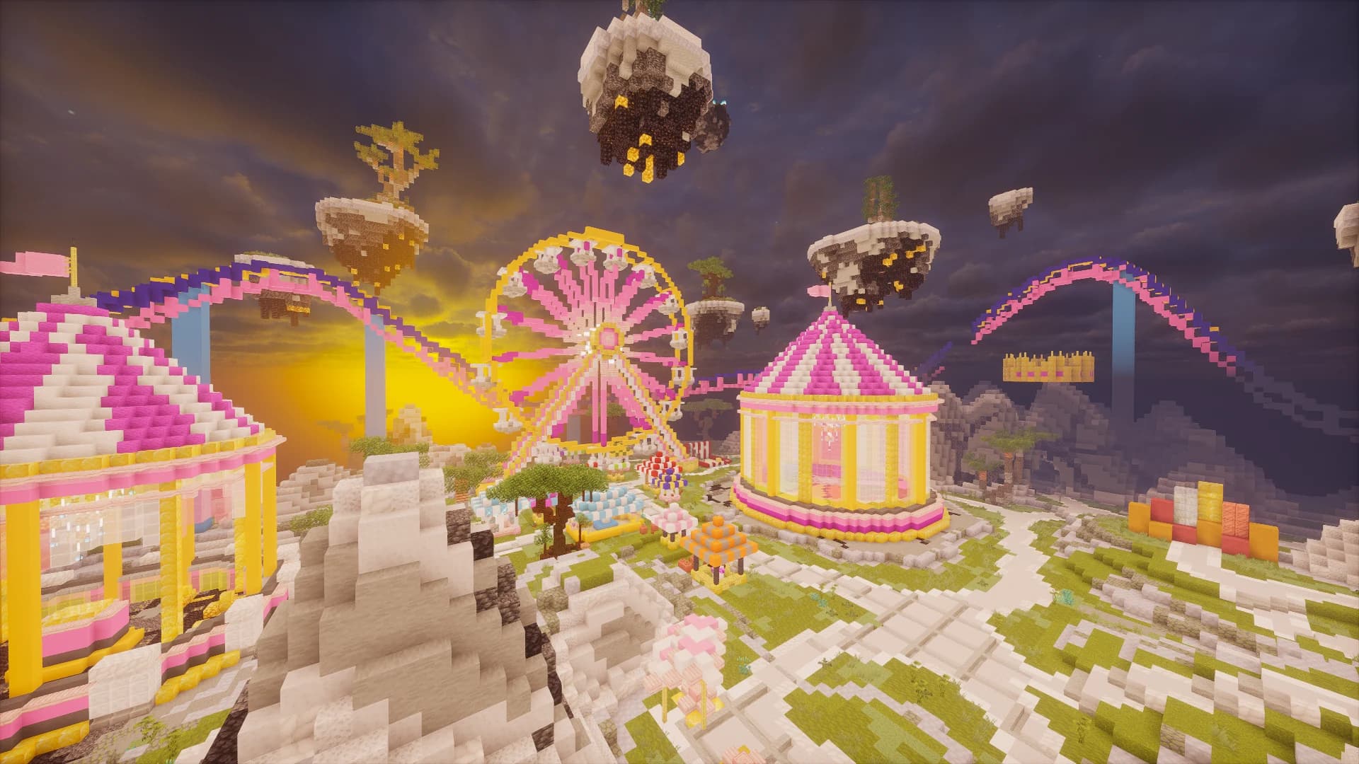 A Pignet carnival map with a Ferris wheel, carousel and floating islands at sunset